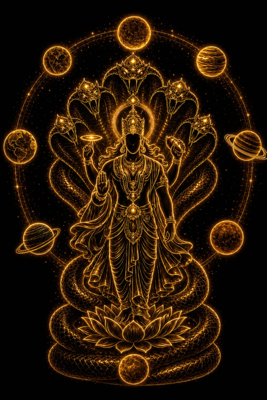 Cosmic deity surrounded by the nine planets